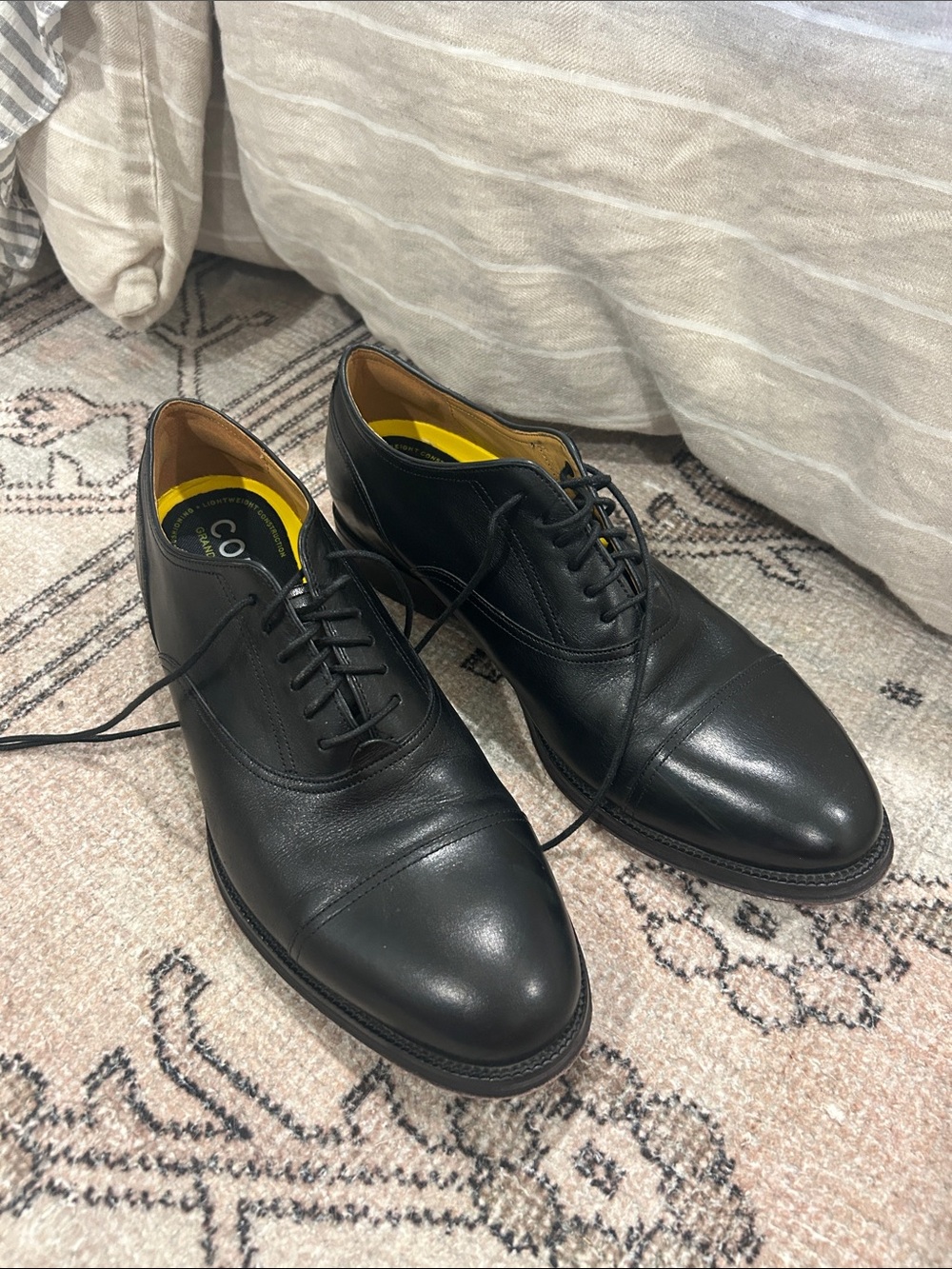 Cole Haan Black Leather Cap-Toe Oxfords with Yellow Insole Detail